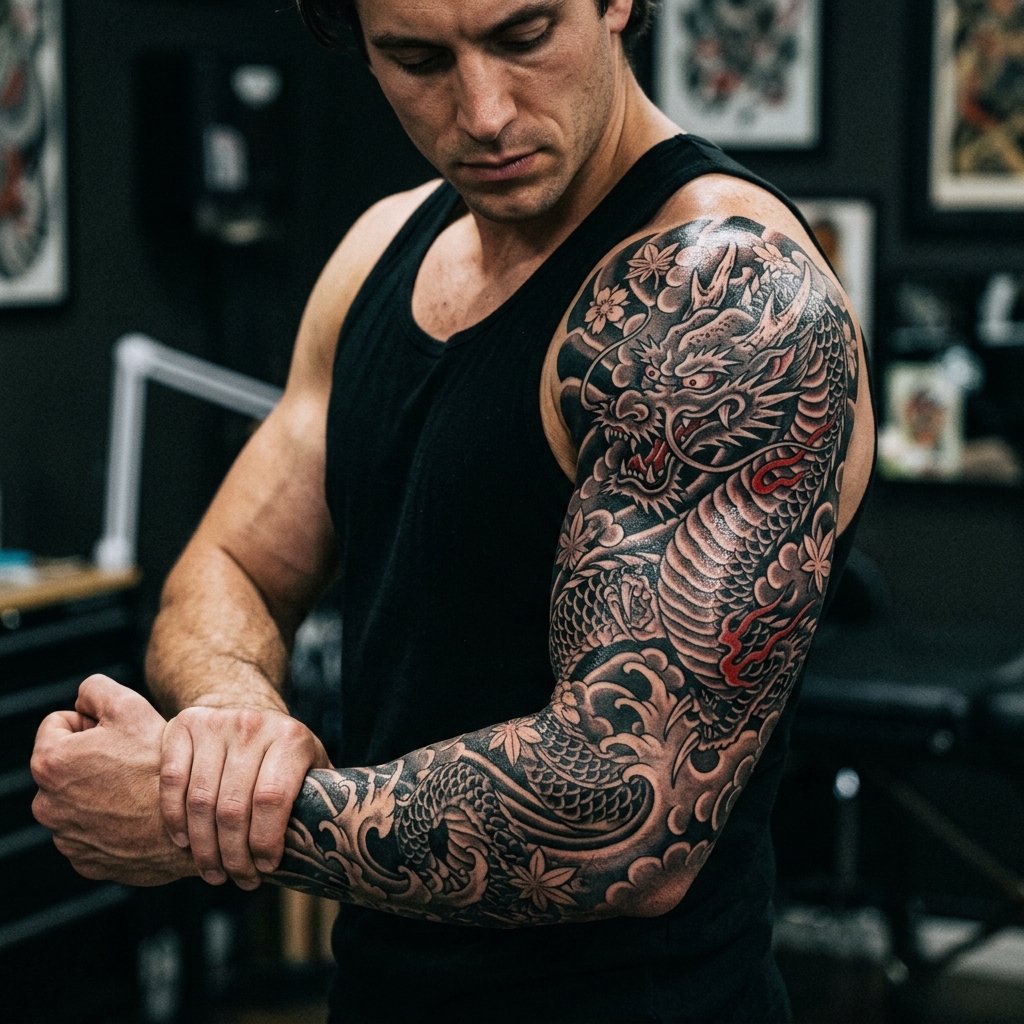 Japanese dragon sleeve tattoo