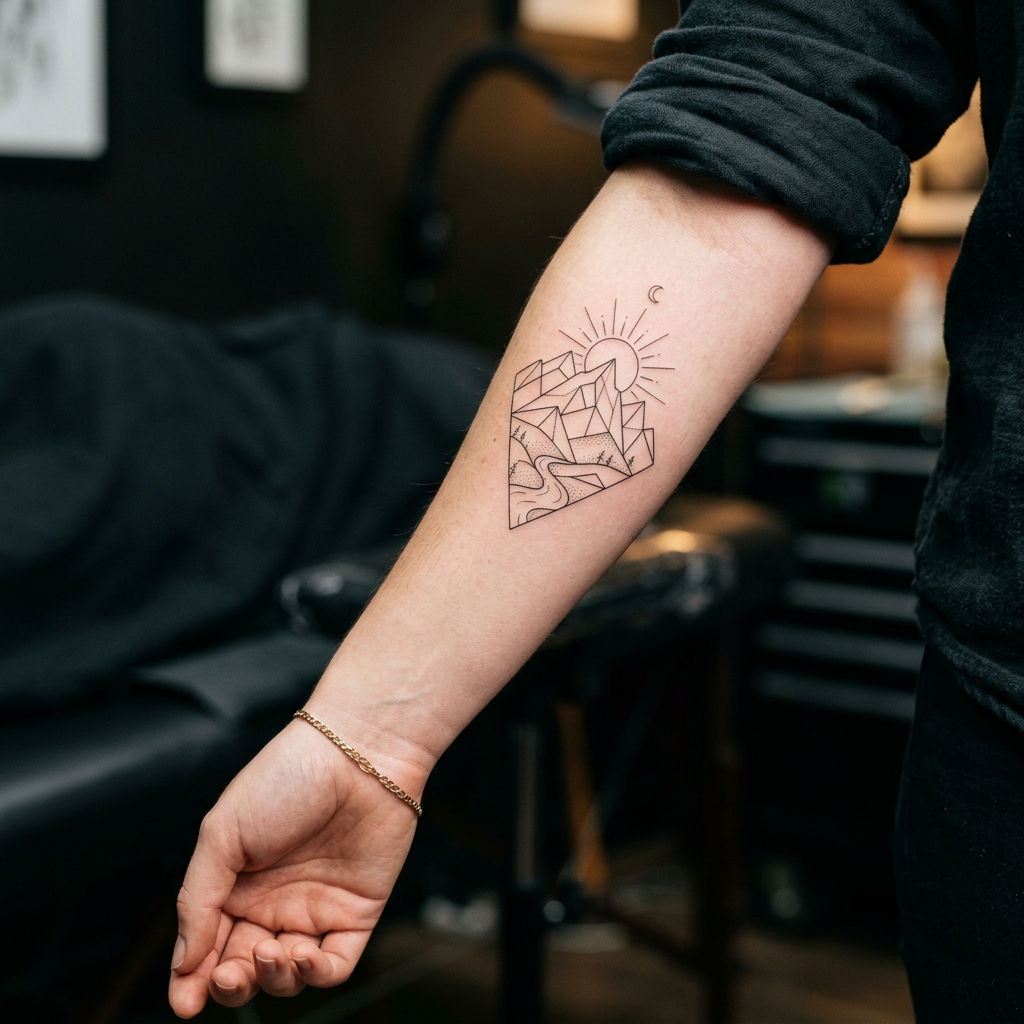 Fine line mountain tattoo